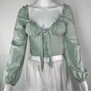 Princess Polly Sage Green Linen Blend Long Sleeve Tie-Front Corset Blouse Top 4